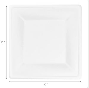 10”x 10” PFAS Free Bagasse Eco-Friendly Square Plate, White - 500 pcs